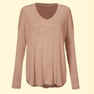 Cabi Tickled Tee. Longer in back, soft fit Cream background painted pink stripes